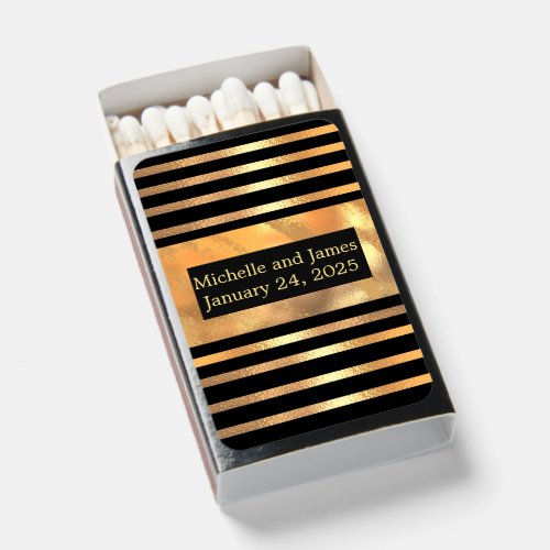 Chic Gold Glitter Brushed Metal Monogram Black Matchboxes