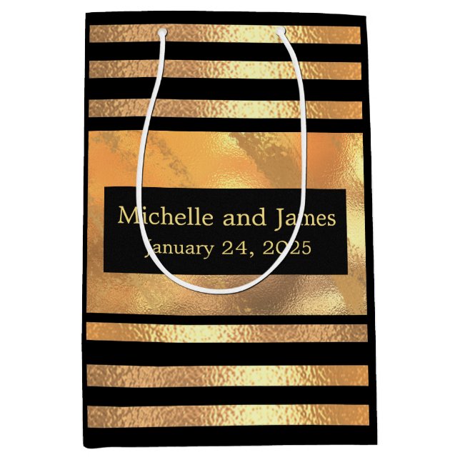 Chic Gold Glitter Brushed Metal Monogram Black  Medium Gift Bag (Front)
