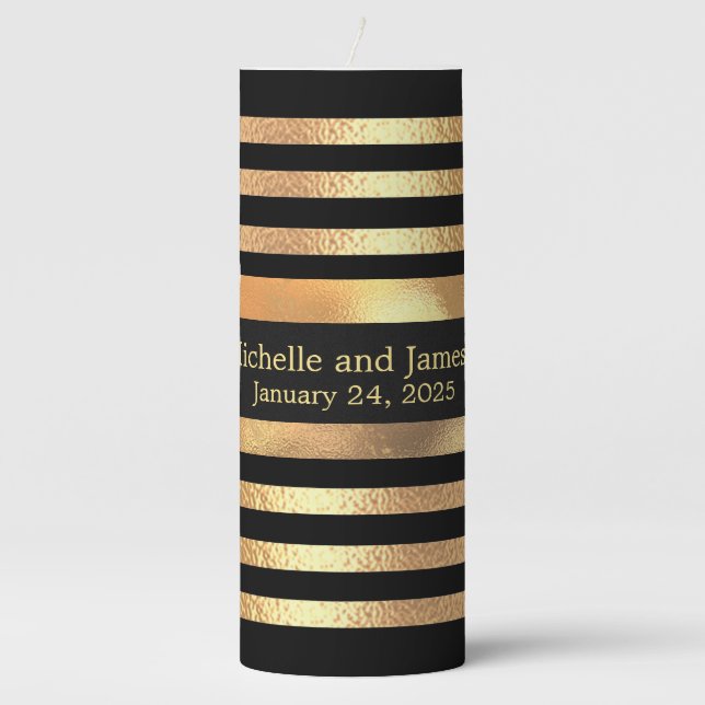 Chic Gold Glitter Brushed Metal Monogram Black   Pillar Candle (Front)