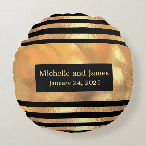 Chic Gold Glitter Brushed Metal Monogram Black  Round Pillow