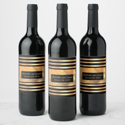 Chic Gold Glitter Brushed Metal Monogram Black  Wine Label