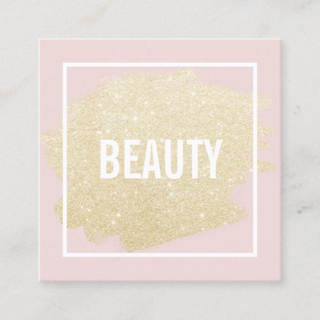 Chic gold glitter brushstroke blush pink beauty square business card (Front)