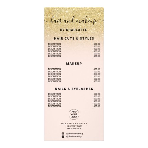 Chic gold glitter calligraphy hair makeup price rack card