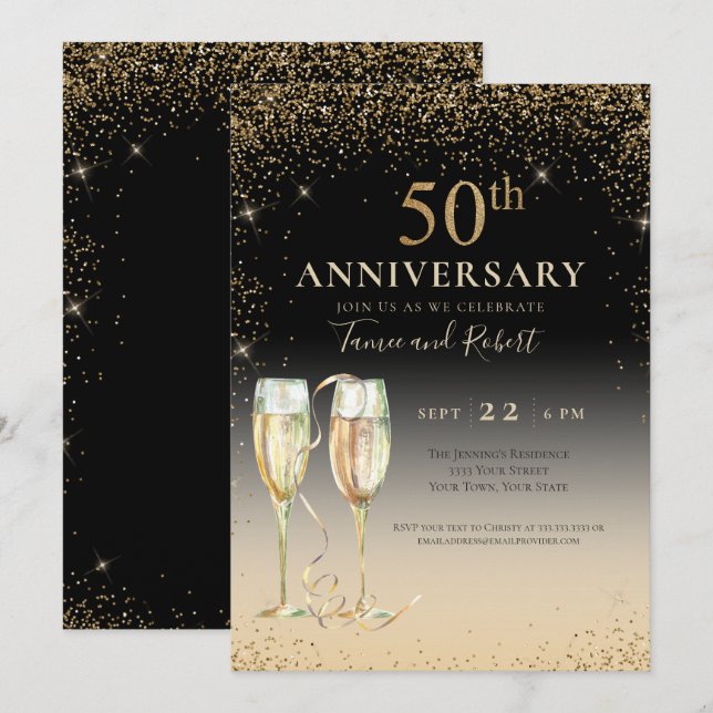 Chic Gold Glitter Champagne 50th Anniversary Invitation (Front/Back)