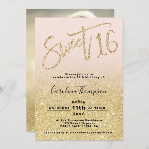 Chic gold glitter chic script blush Sweet 16 photo Invitation