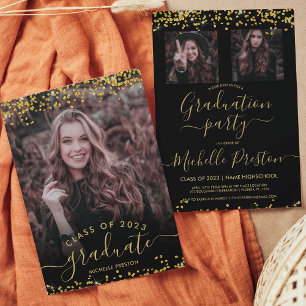 Chic gold glitter confetti 3 photo graduation invitation