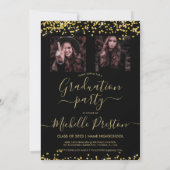 Chic gold glitter confetti 3 photo graduation invitation (Back)