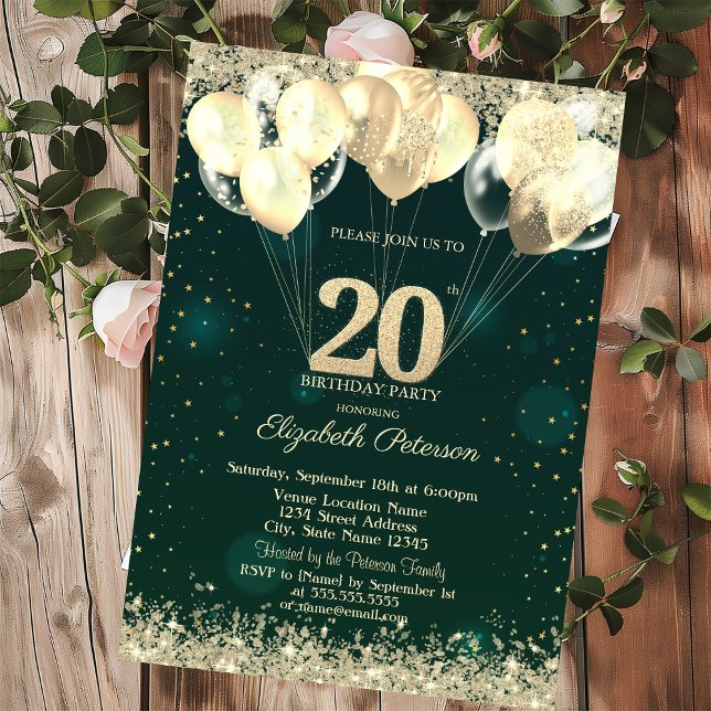 Chic Gold Glitter Confetti Balloons Green 20th Invitation (Creator Uploaded)