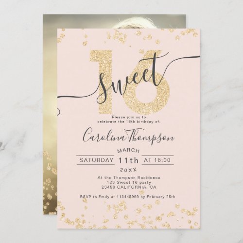 Chic gold glitter confetti blush Sweet 16 photo Invitation