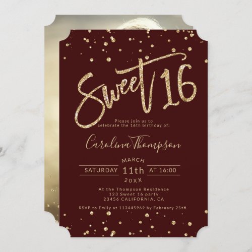 Chic gold glitter confetti burgundy Sweet 16 photo Invitation