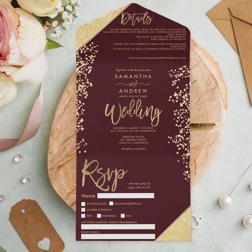 Chic gold glitter confetti burgundy wedding all in one invitation