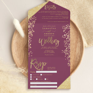 Chic gold glitter confetti plum wedding all in one invitation