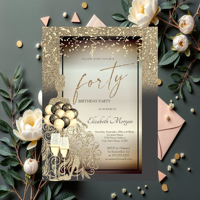 Chic Gold Glitter Dress,Balloons,40th Birthday Invitation (Creator Uploaded)