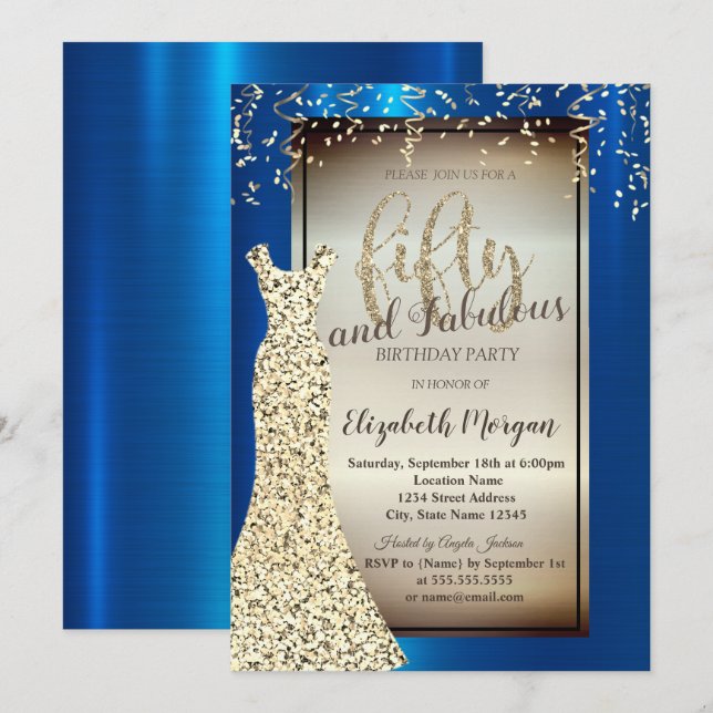 Chic Gold Glitter Dress,Confetti Royal Blue 50th Invitation (Front/Back)