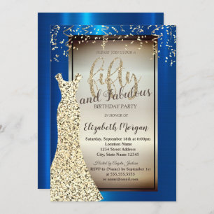 Chic Gold Glitter Dress,Confetti Royal Blue 50th Invitation