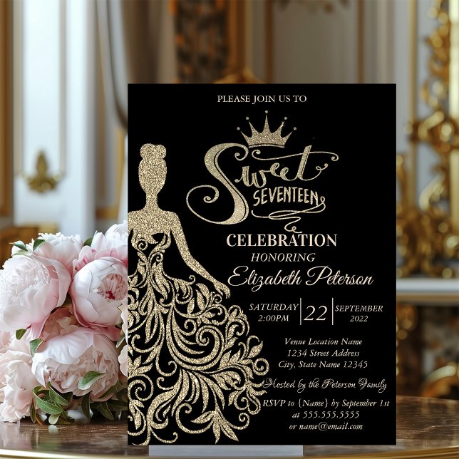 Chic Gold Glitter Dress,Tiara Black Quinceañera  Invitation (Creator Uploaded)