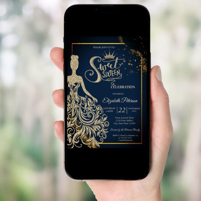 Chic Gold Glitter Dress,Tiara Navy Blue Sweet 16 Invitation (Front Digital)