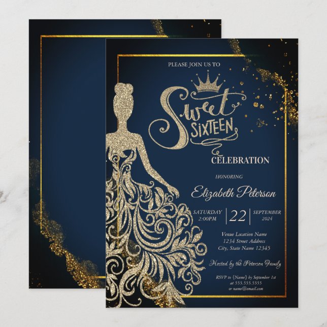 Chic Gold Glitter Dress,Tiara Navy Blue Sweet 16 Invitation | Zazzle