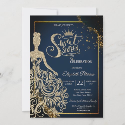 Chic Gold Glitter DressTiara Navy Blue Sweet 16 Invitation