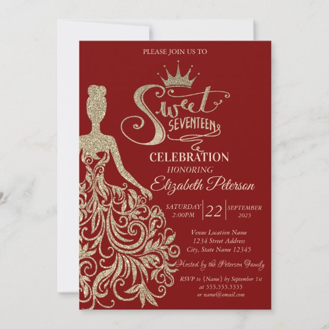 Chic Gold Glitter Dress,Tiara Red Sweet Seventeen Invitation (Front)