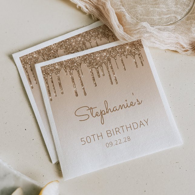 Chic Gold Glitter Drip 50th Birthday Party Napkins (Creator Uploaded)