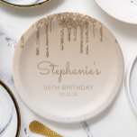 Chic Gold Glitter Drip 50th Birthday Party Paper Plates<br><div class="desc">These chic,  elegant 50th birthday party paper plates feature a sparkly gold faux glitter drip border and gold ombre background. Personalize them with the guest of honor's name in golden brown handwriting script,  with her birthday and date below in sans serif font.</div>