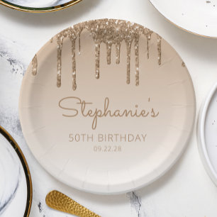 Chic Gold Glitter Drip 50th Birthday Party Paper Plates