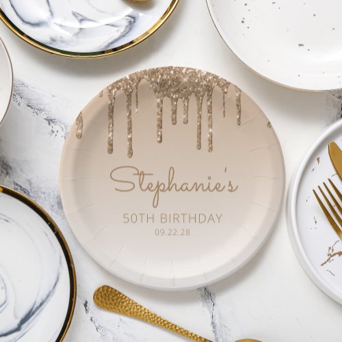 Chic Gold Glitter Drip 50th Birthday Party Paper Plates