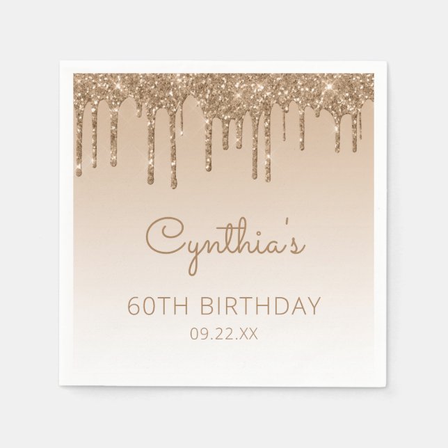 Chic Gold Glitter Drip 60th Birthday Party Napkins (Front)
