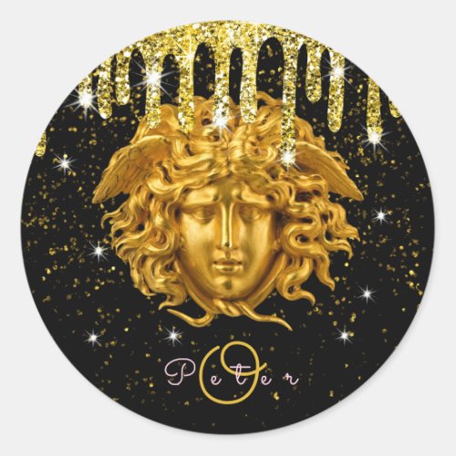 Chic Gold Glitter Drip Medusa Script Haute Couture Classic Round Sticker