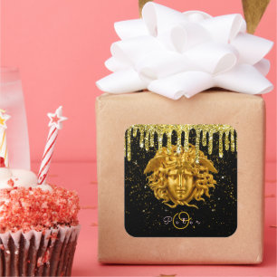 Chic Gold Glitter Drip Medusa Script Haute Couture Square Sticker