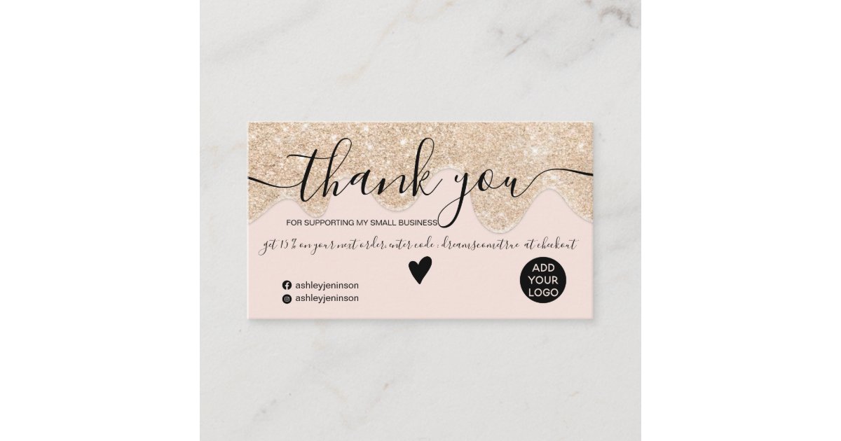 Chic gold glitter drips blush order thank you business card | Zazzle