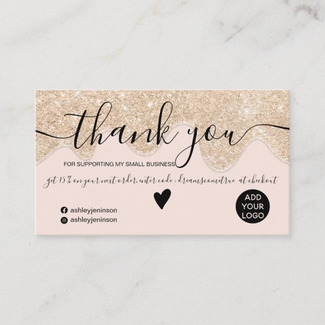 Chic gold glitter drips blush order thank you business card (Front)