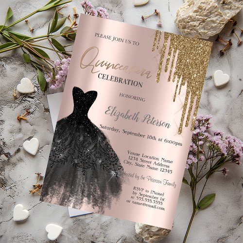 Chic Gold Glitter DripsDress 15th Birthday Invitation