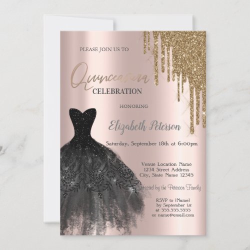 Chic Gold Glitter DripsDress 15th Birthday Invitation