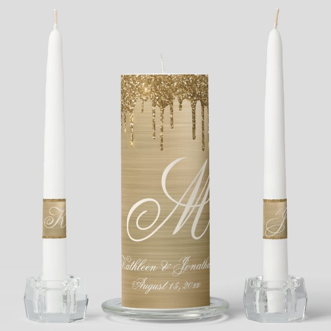Chic Gold Glitter Drips Metallic Name Wedding Unity Candle Set (Front)