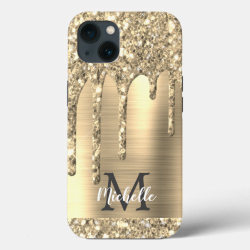 Chic Gold Glitter Drips Monogram Pink Metal  iPhone 13 Case