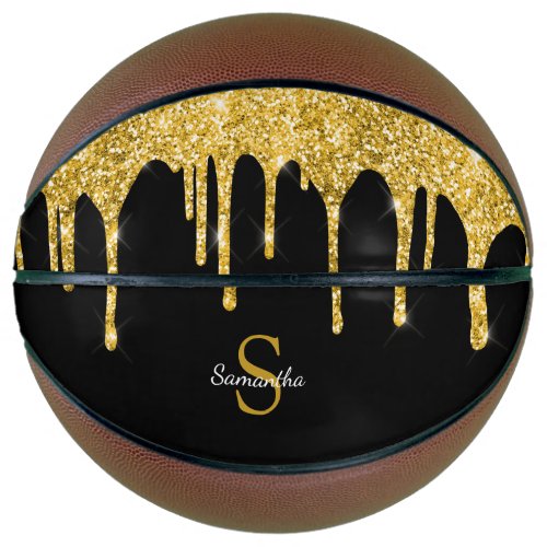 Chic Gold Glitter Drips Sparkle Black Monogram Basketball