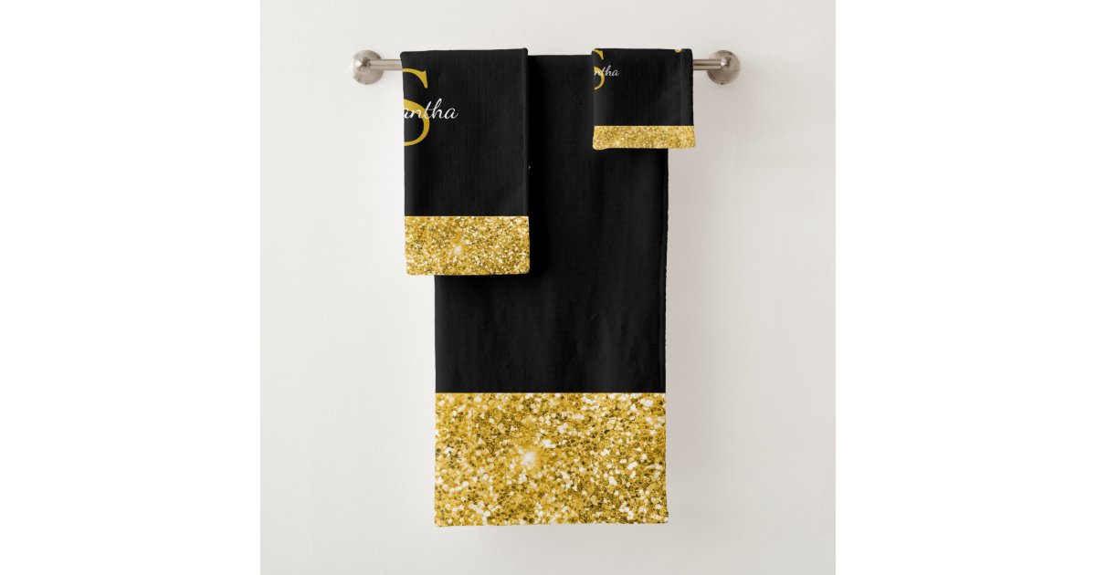 Chic Gold Glitter Drips Sparkle Black Monogram Bath Towel Set Zazzle