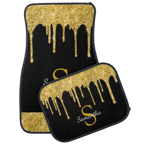 Chic Gold Glitter Drips Sparkle Black Monogram Car Floor Mat