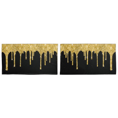 Chic Gold Glitter Drips Sparkle Black Pillow Case