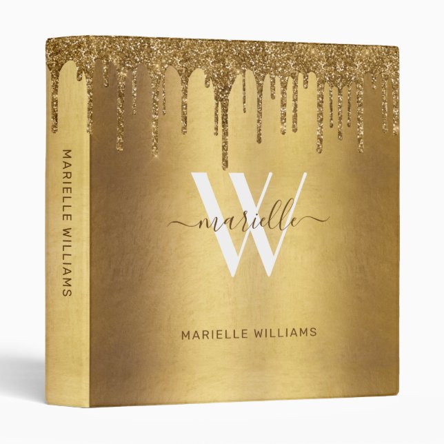 Chic Gold Glitter Drips Sparkles Monogram Name 3 Ring Binder (Front/Spine)