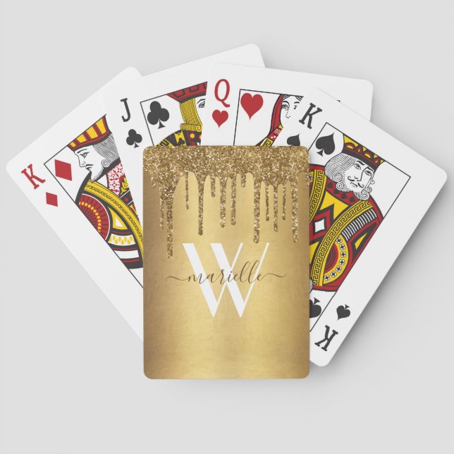 Chic Gold Glitter Drips Sparkles Monogram Name Poker Cards (Back)