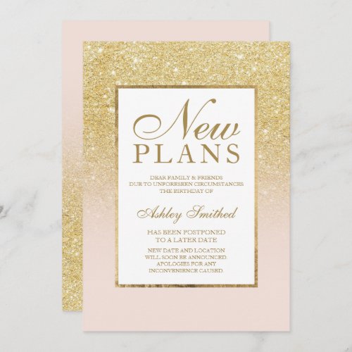 Chic gold glitter elegant pink postponed new plans invitation