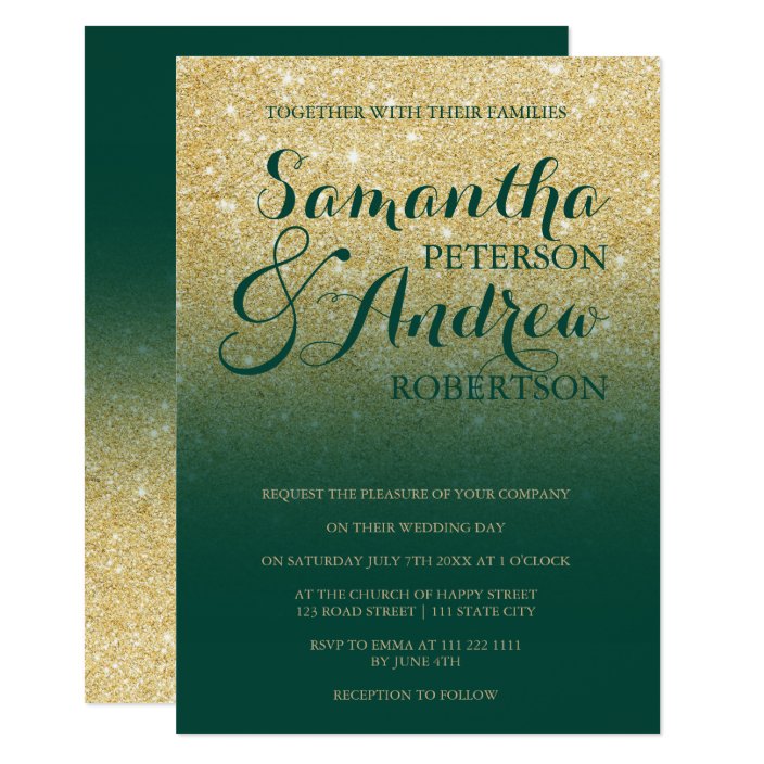 Chic gold glitter emerald green wedding invitation