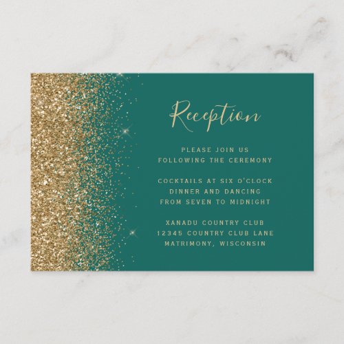 Chic Gold Glitter Emerald Green Wedding Reception Enclosure Card