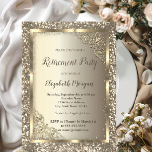 Chic Gold Glitter Floral Frame Retirement Invitation