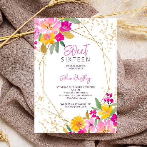 Chic gold glitter floral watercolor photo Sweet 16 Invitation