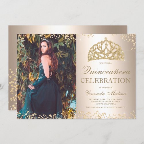 Chic gold glitter foil photo tiara Quinceaera Invitation