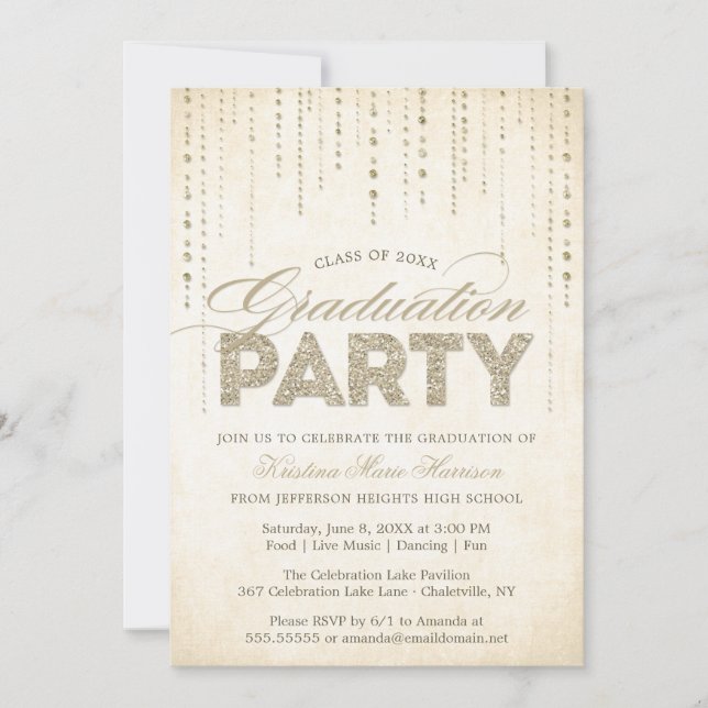 Chic Gold Glitter Gems Graduation Invitation (Front)